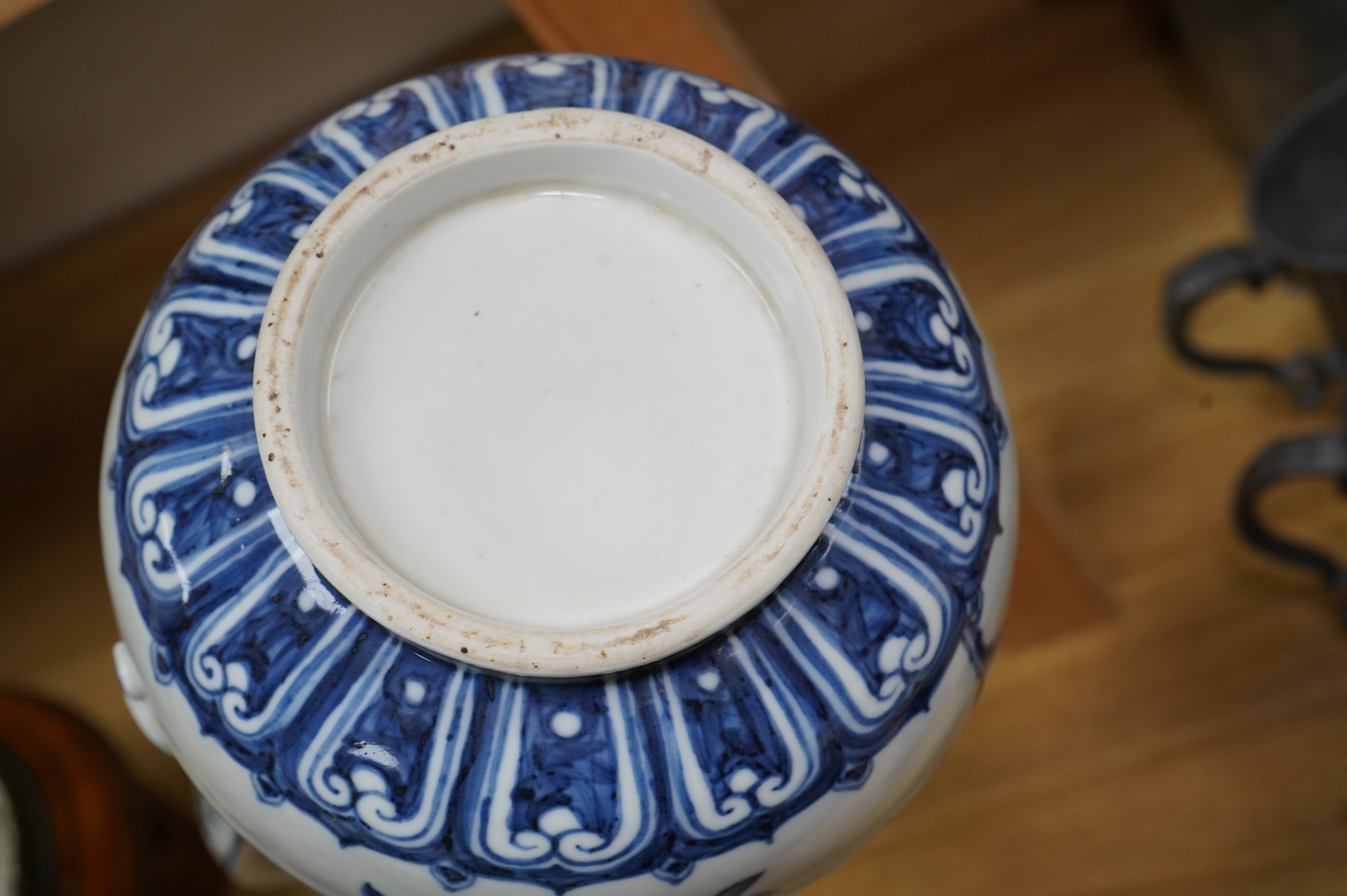 A large Chinese blue and white porcelain ewer, 31cm high. Condition - good